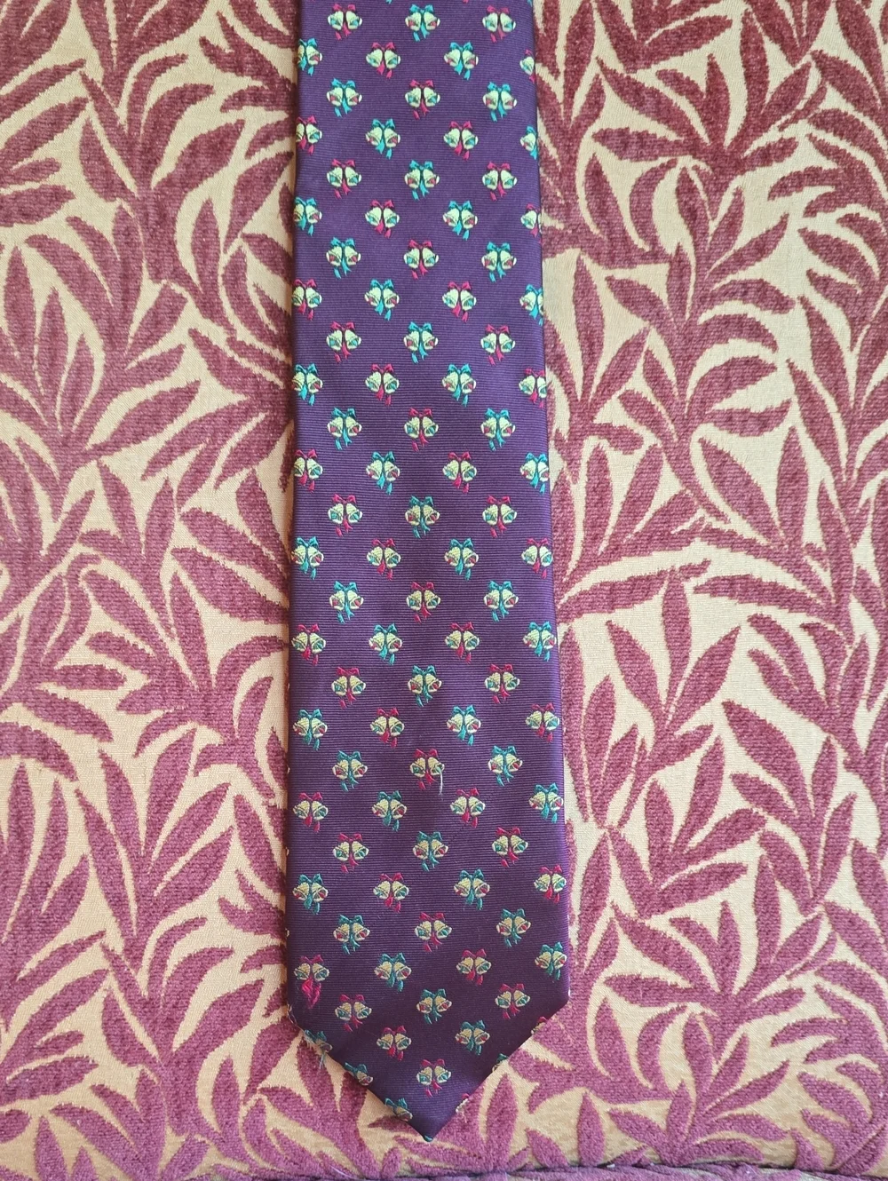 Men's Burgundy Holiday Bells Motif Tie - Classic Dress Accessory